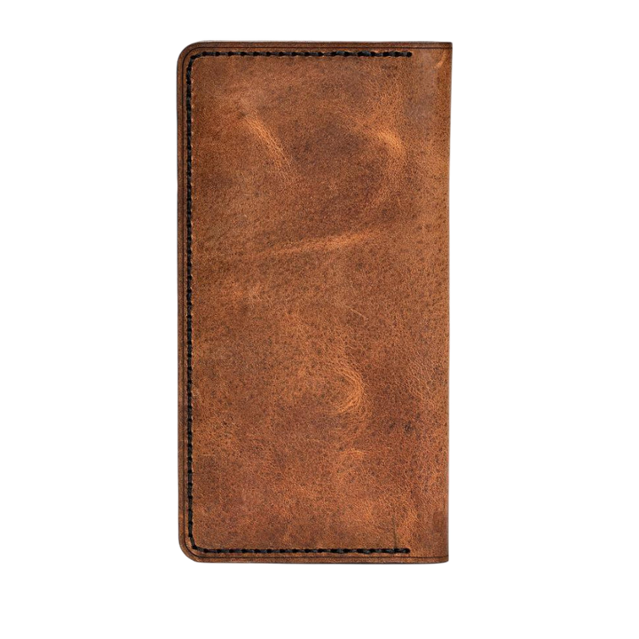 Handmade tan pull-up leather card holder, 12 card slots, back view