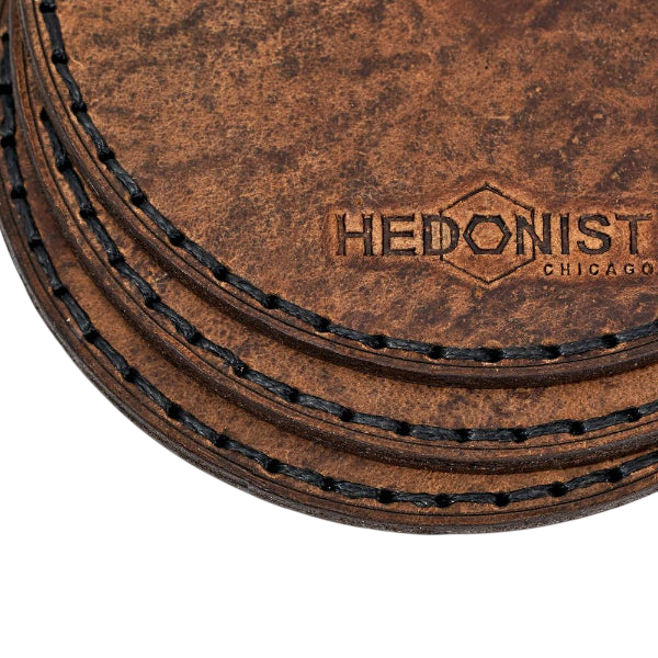 Hedonist Chicago leather coaster set in Tan Pull-up finish, clean edge, full grain leather, set view