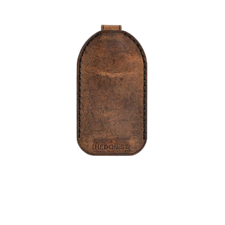 Hedonist Chicago tan key chain in tan, slim profile, full grain leather, angled view