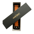 Tan leather watch band, close-up of logo detail