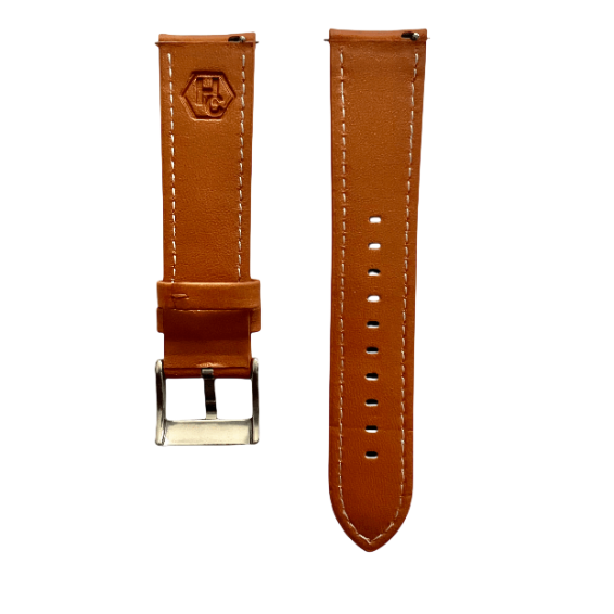 Tan leather watch band with quick release bars, top view