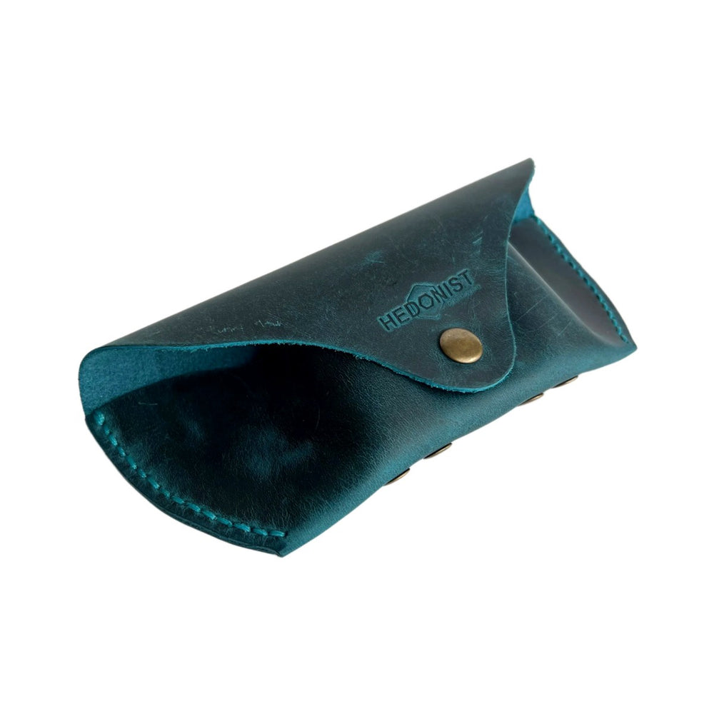 Soft Leather Eye Glasses Case in Teal, open, showing the interior