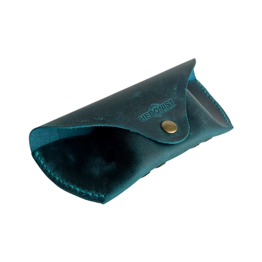 Soft Leather Eye Glasses Case in Teal, open, showing the interior