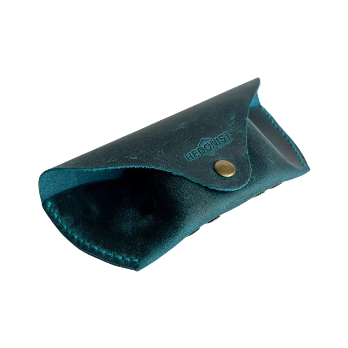 Soft Leather Eye Glasses Case in Teal, open, showing the interior