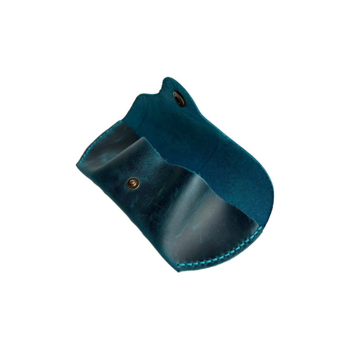 Soft Leather Eye Glasses Case in Teal, open, angled top view showing interior