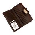 Brown leather women travel wallet with card holder on a white background