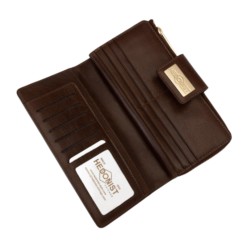 Brown leather women travel wallet with card holder on a white background