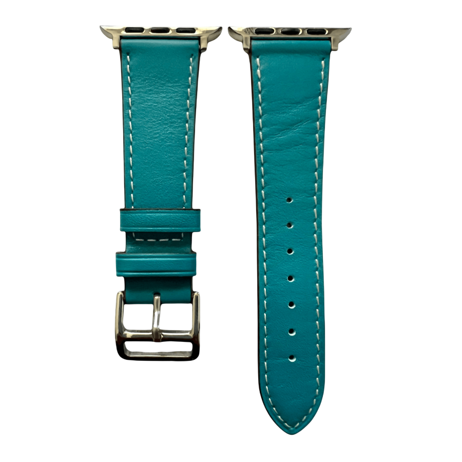 Turquoise leather Apple Watch band, two-piece strap with buckle and holes
