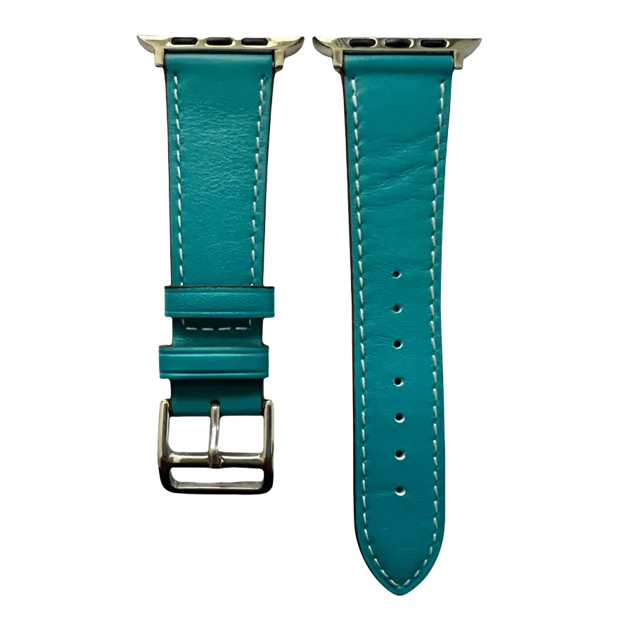 Turquoise leather Apple Watch band, two-piece strap with buckle and holes
