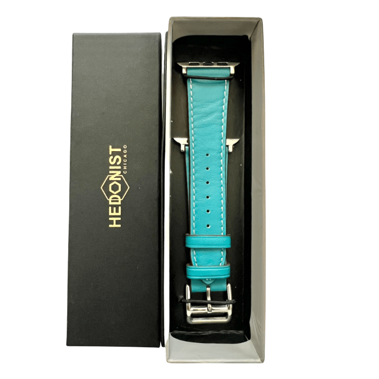 Turquoise leather Apple Watch band, packaging close-up