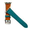 Turquoise leather Apple Watch band, side view with stainless steel lugs