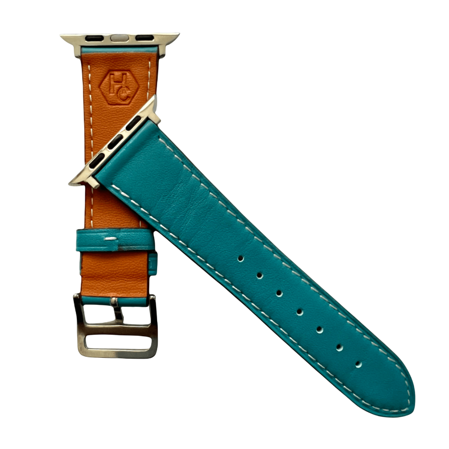 Turquoise leather Apple Watch band, side view with stainless steel lugs