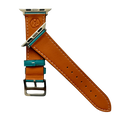 Turquoise leather Apple Watch band, connector and stitching detail