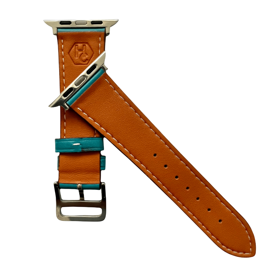 Turquoise leather Apple Watch band, connector and stitching detail