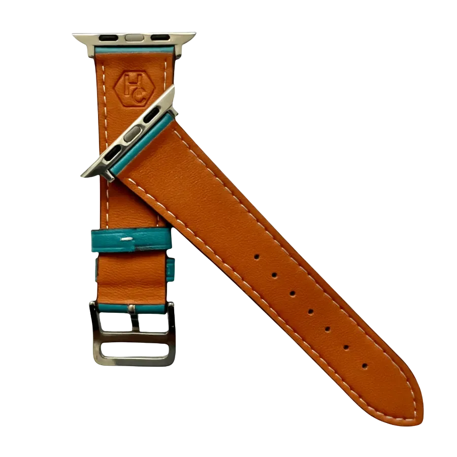 Turquoise leather Apple Watch band, connector and stitching detail