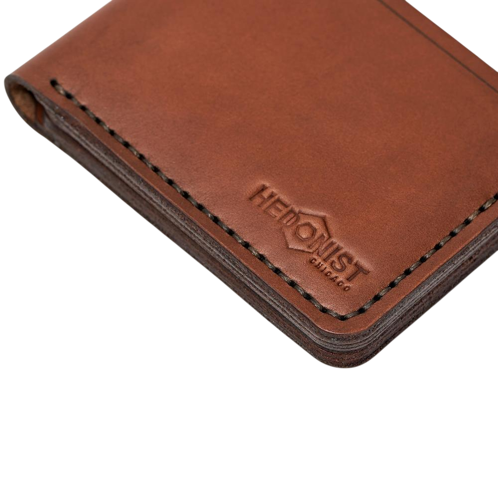 Handmade whisky leather bifold wallet, 4 card slots, presented as a gift