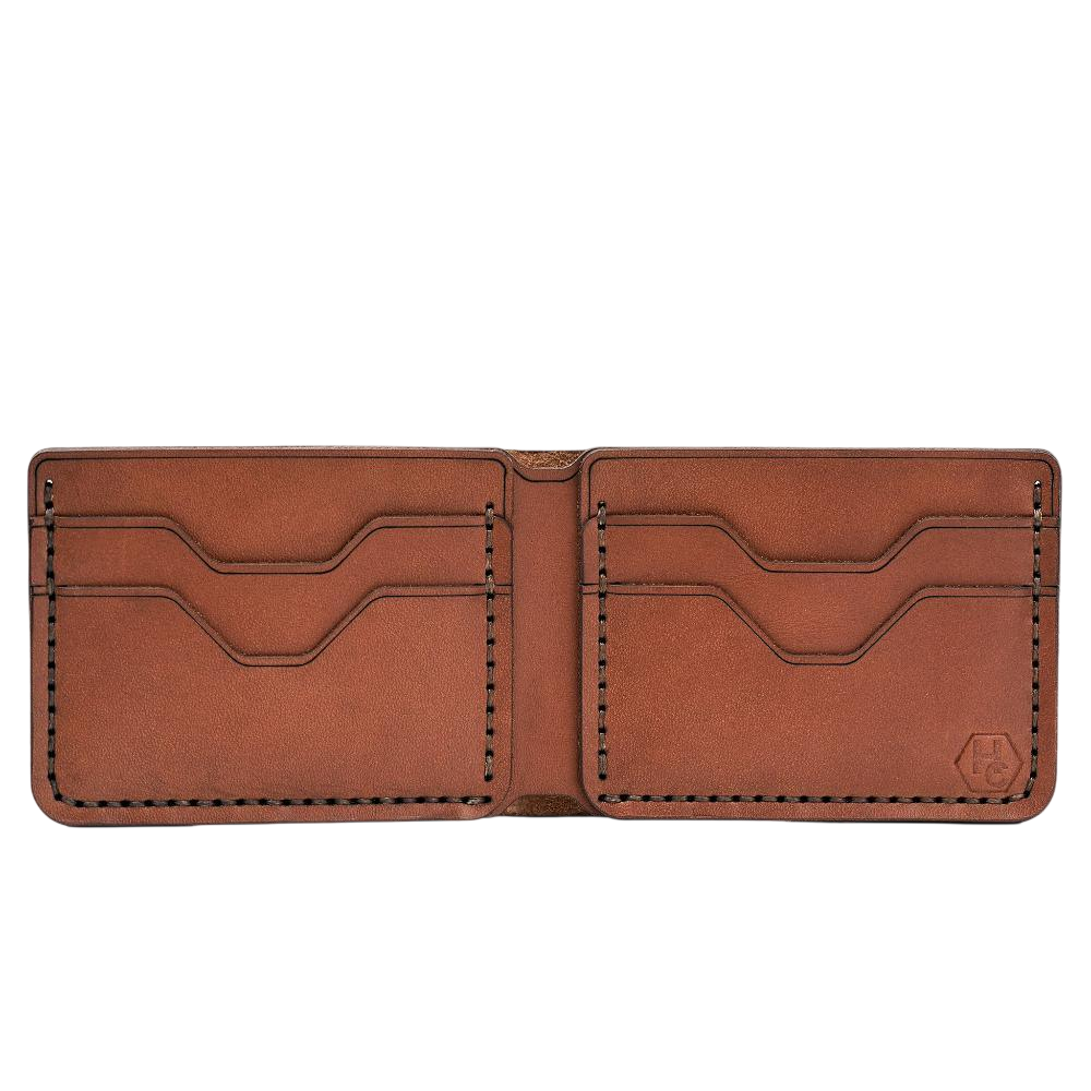 Handmade whisky leather bifold wallet, 4 card slots, open showing cards