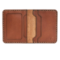 Handmade whisky leather bifold wallet with ID slot, open showing cards