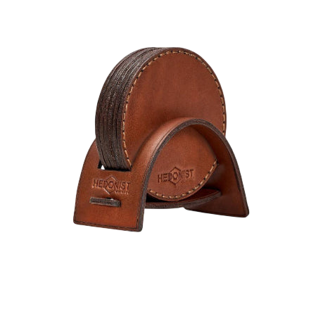 Hedonist Chicago leather coaster set in Whisky, clean edge, full grain leather, product view