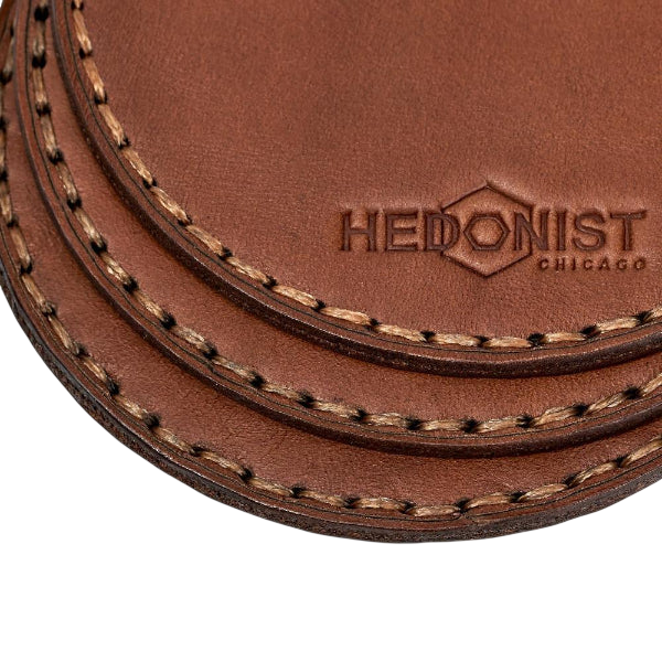 Hedonist Chicago leather coaster set in Whisky, clean edge, full grain leather, set view