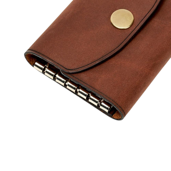 Hedonist Chicago whisky key holder in whisky, slim profile, full grain leather, close view