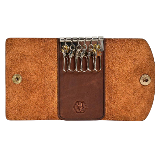 Hedonist Chicago whisky key holder in whisky, slim profile, full grain leather, detail view