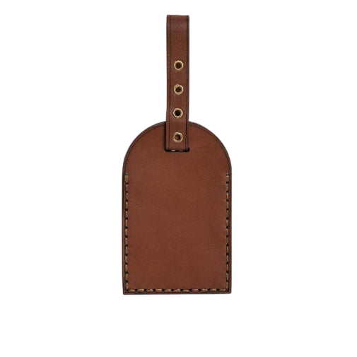 Hedonist Chicago whisky luggage tag in whisky, with strap, full grain leather, angled view
