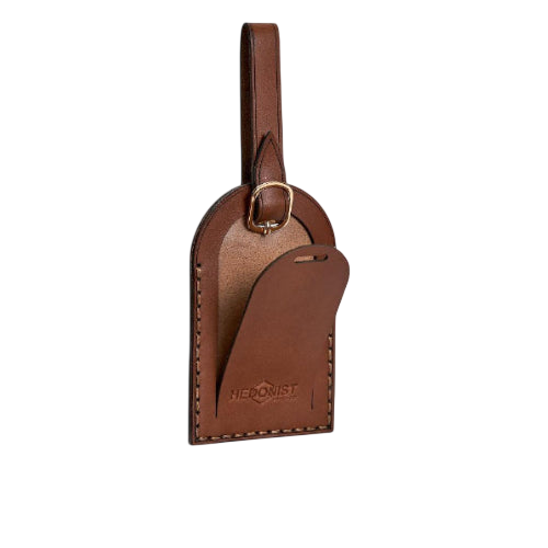 Hedonist Chicago whisky luggage tag in whisky, with strap, full grain leather, detail view