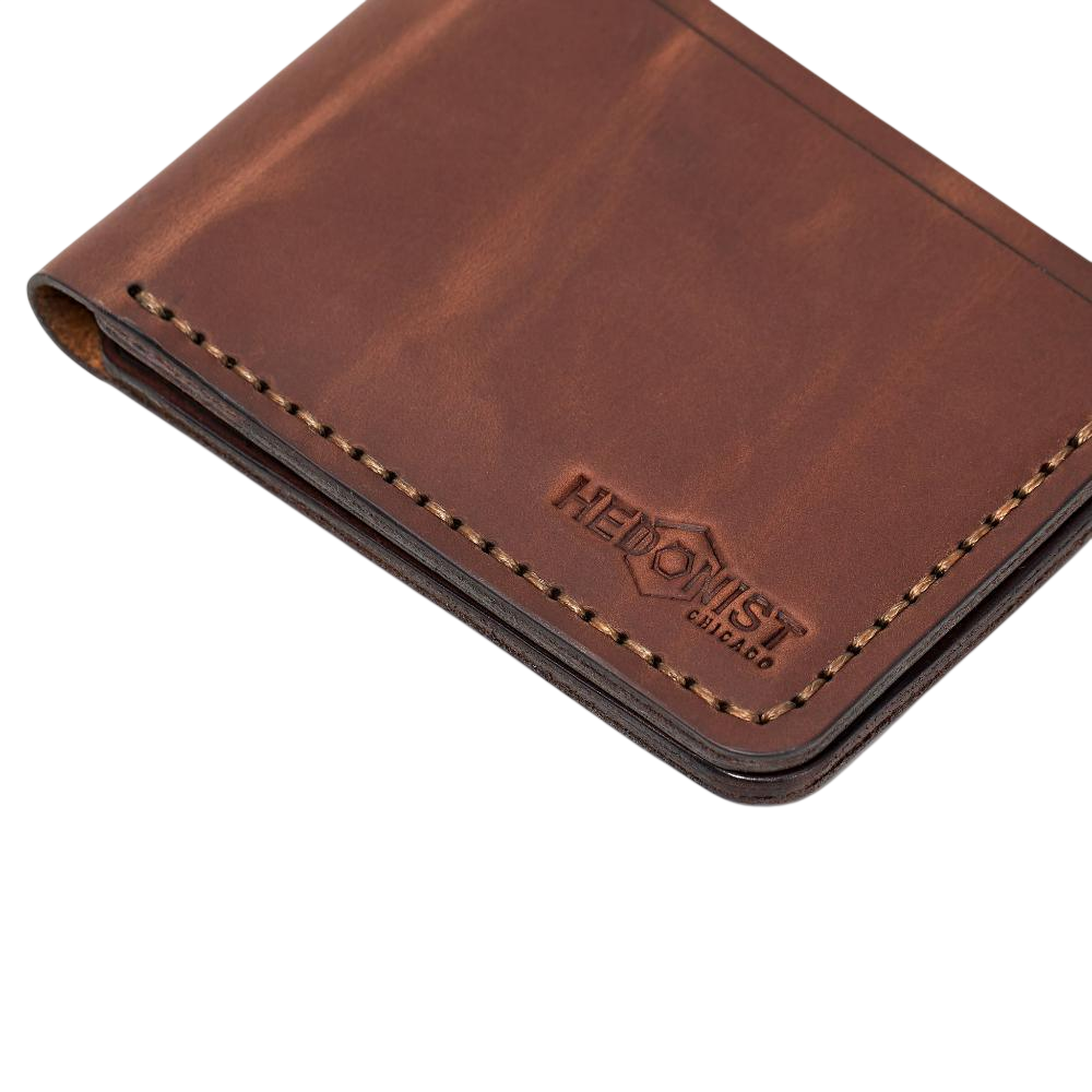 Handmade whisky pull-up leather bifold wallet, interior card slots detail