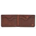 Handmade whisky pull-up leather bifold wallet, 4 card slots, open showing cards