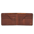 Handmade whisky pull-up leather bifold wallet, 6 card slots, open showing cards