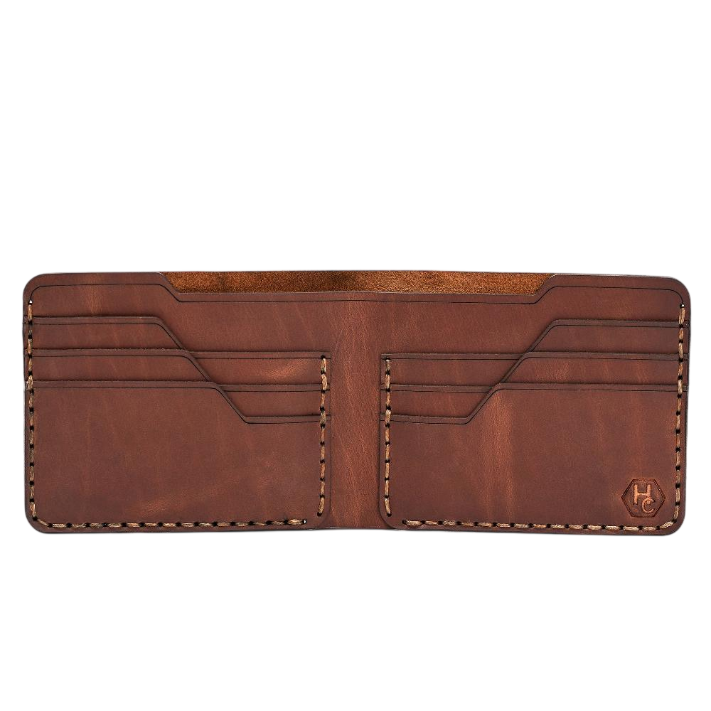 Handmade whisky pull-up leather bifold wallet, 6 card slots, open showing cards