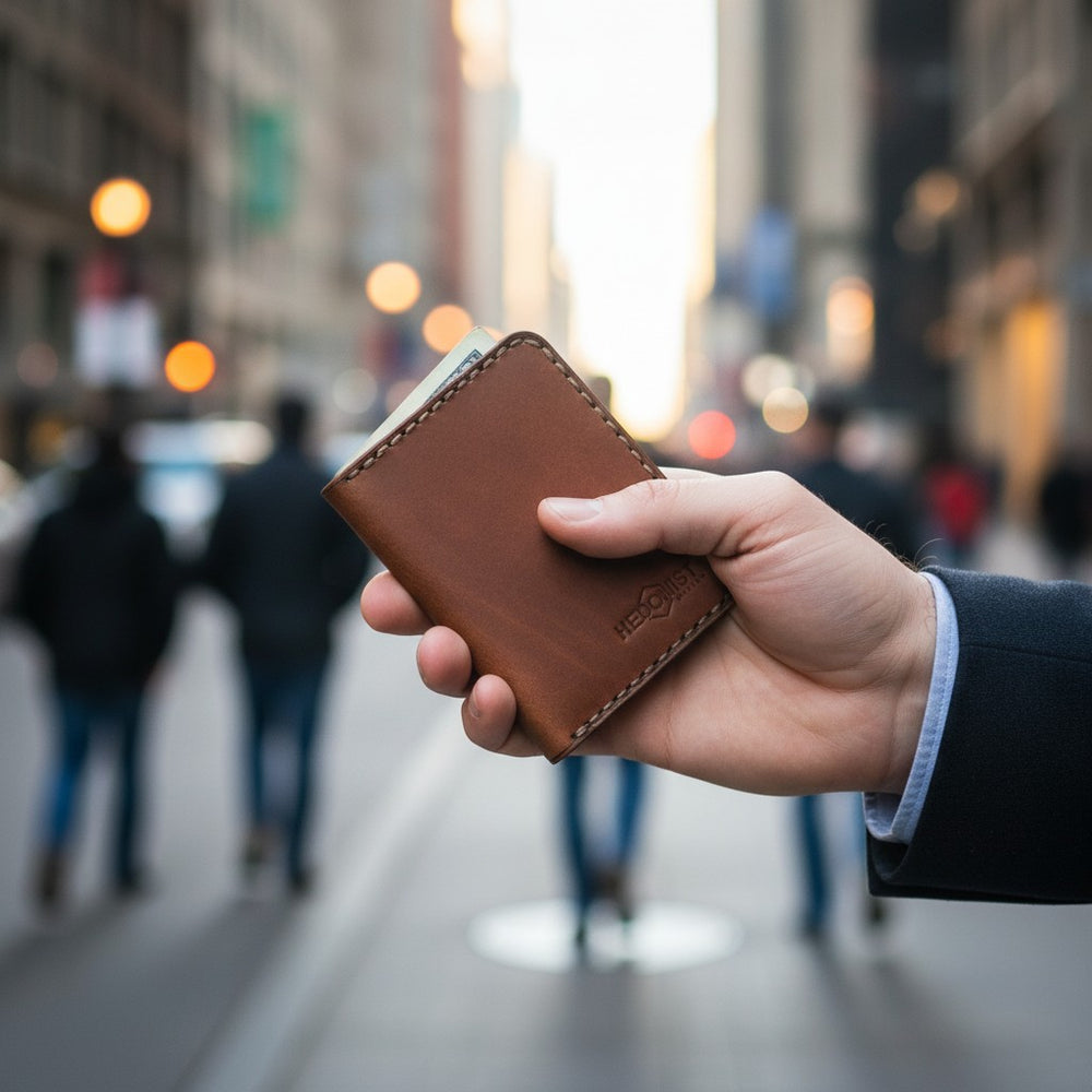 A hand holding a whisky pull-up leather handmade bifold wallet in a blurred city street setting