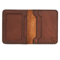 Handmade whisky pull-up leather bifold wallet with ID slot, open showing cards