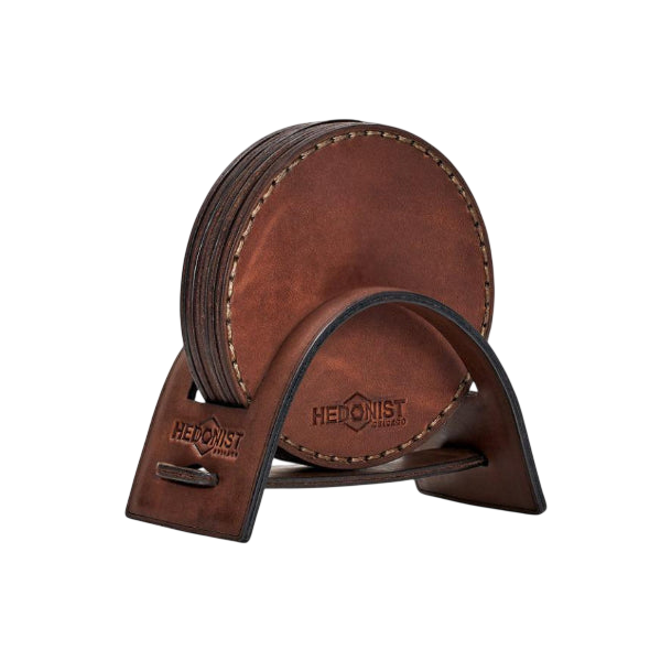 Hedonist Chicago leather coaster set in Whisky Pull-up finish, clean edge, full grain leather, product view