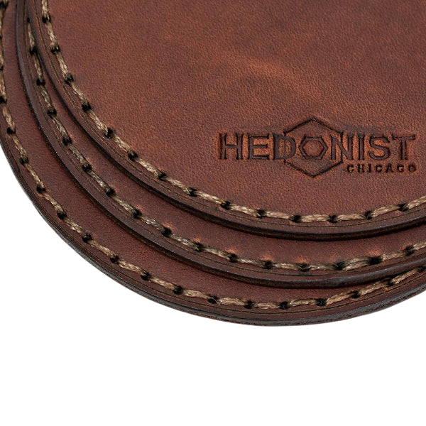 Hedonist Chicago leather coaster set in Whisky Pull-up finish, clean edge, full grain leather, set view
