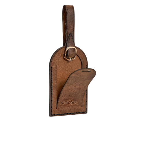 Hedonist Chicago whisky luggage tag in whisky, with strap, full grain leather, detail view