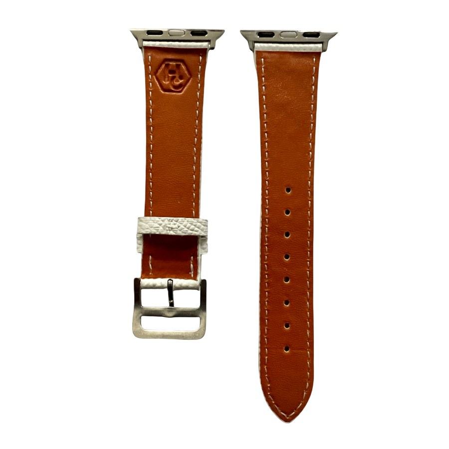 White leather Apple Watch band, side view with stainless steel lugs