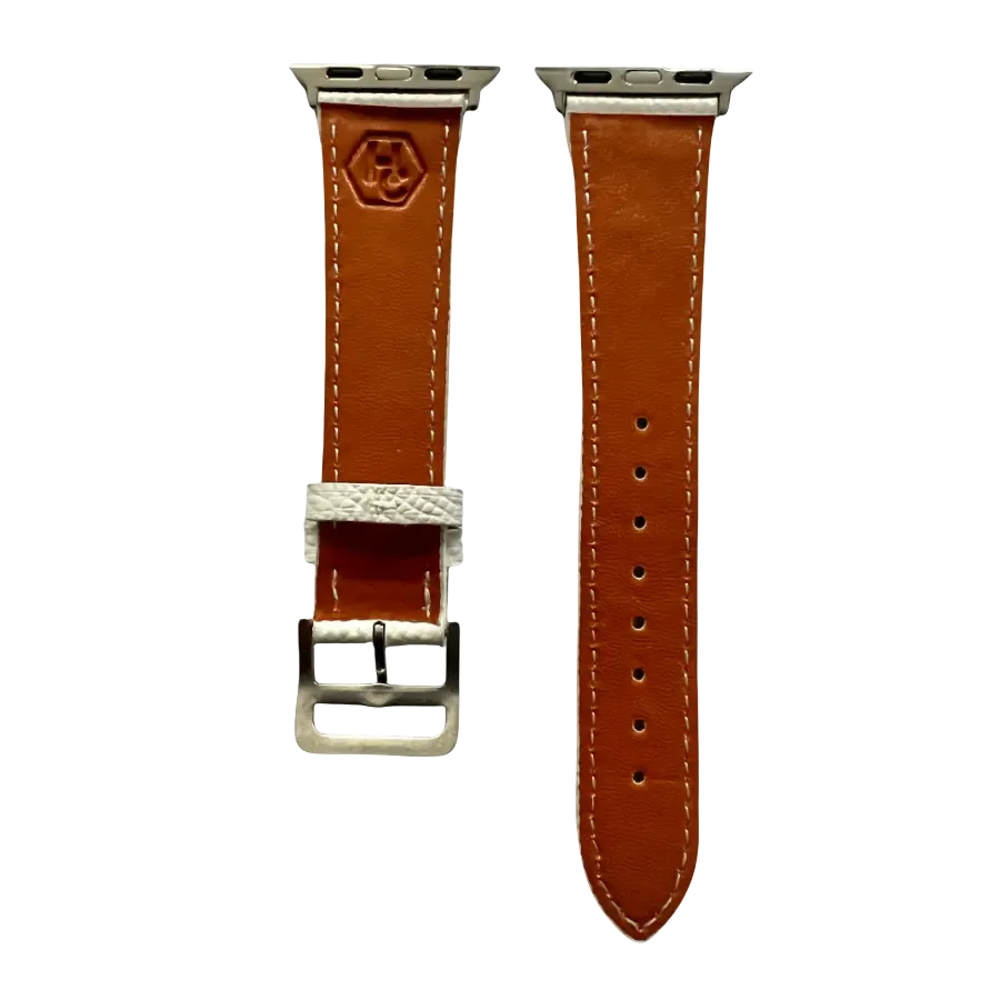 White leather Apple Watch band, side view with stainless steel lugs