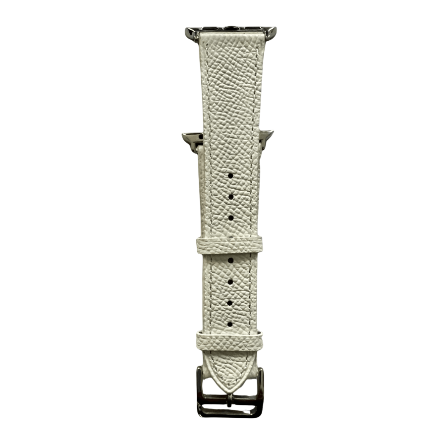 White leather Apple Watch band, connector and stitching detail