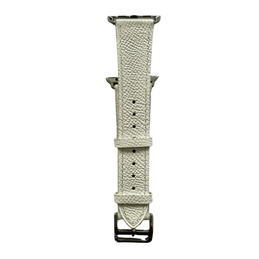 White leather Apple Watch band, connector and stitching detail