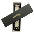 White padded leather Apple Watch band, presented in gift box