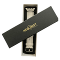 White padded leather Apple Watch band, presented in gift box