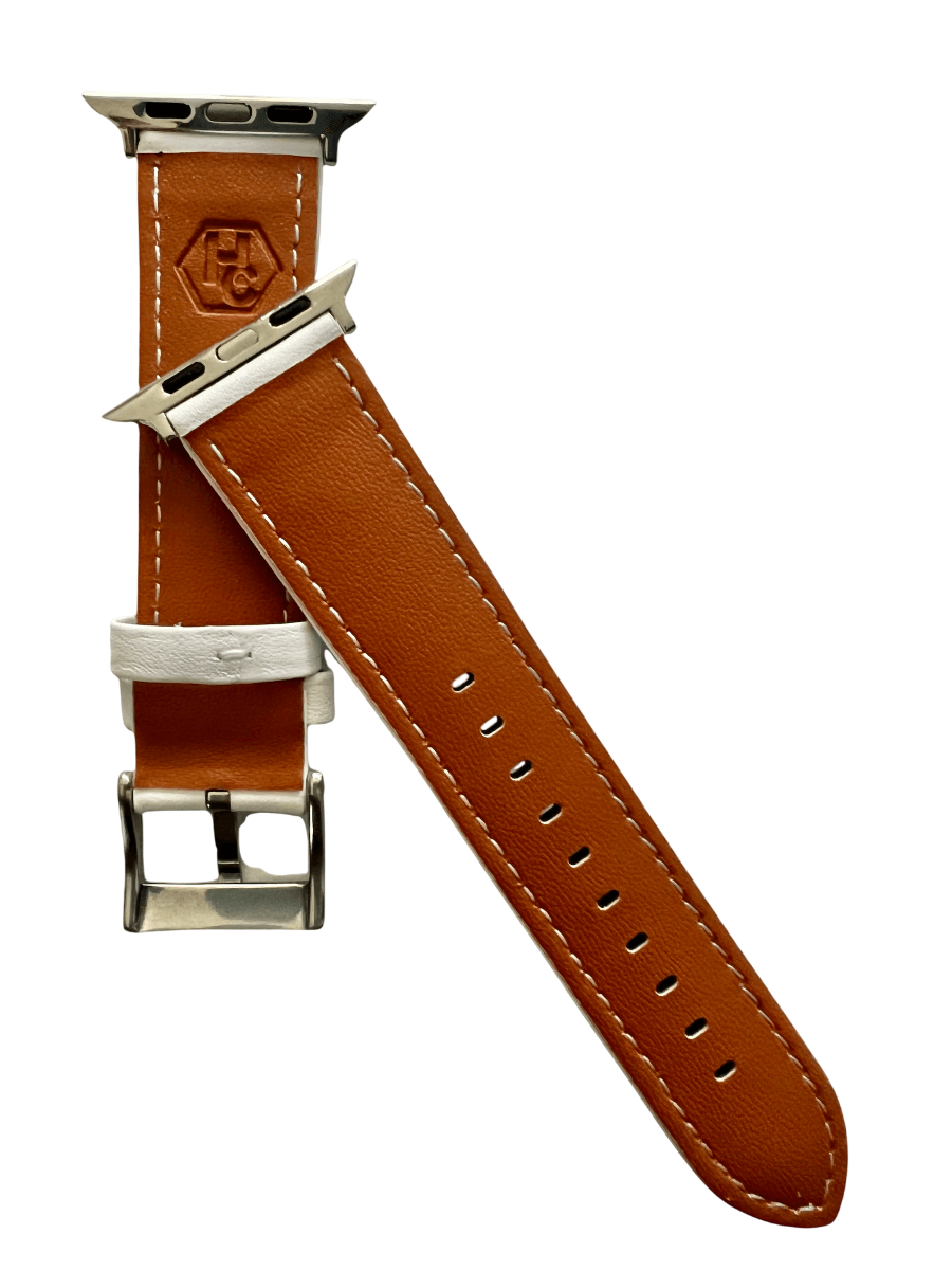 White padded leather Apple Watch band, side view with stainless steel lugs