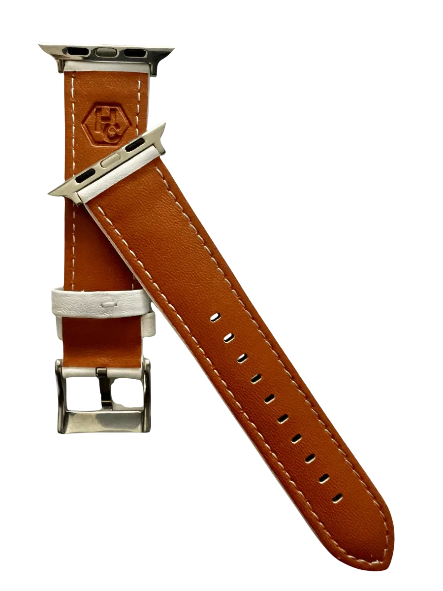 White padded leather Apple Watch band, side view with stainless steel lugs