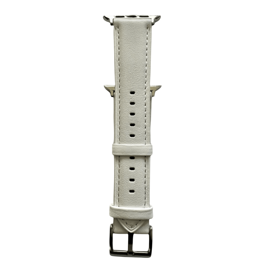 White padded leather Apple Watch band, connector and stitching detail