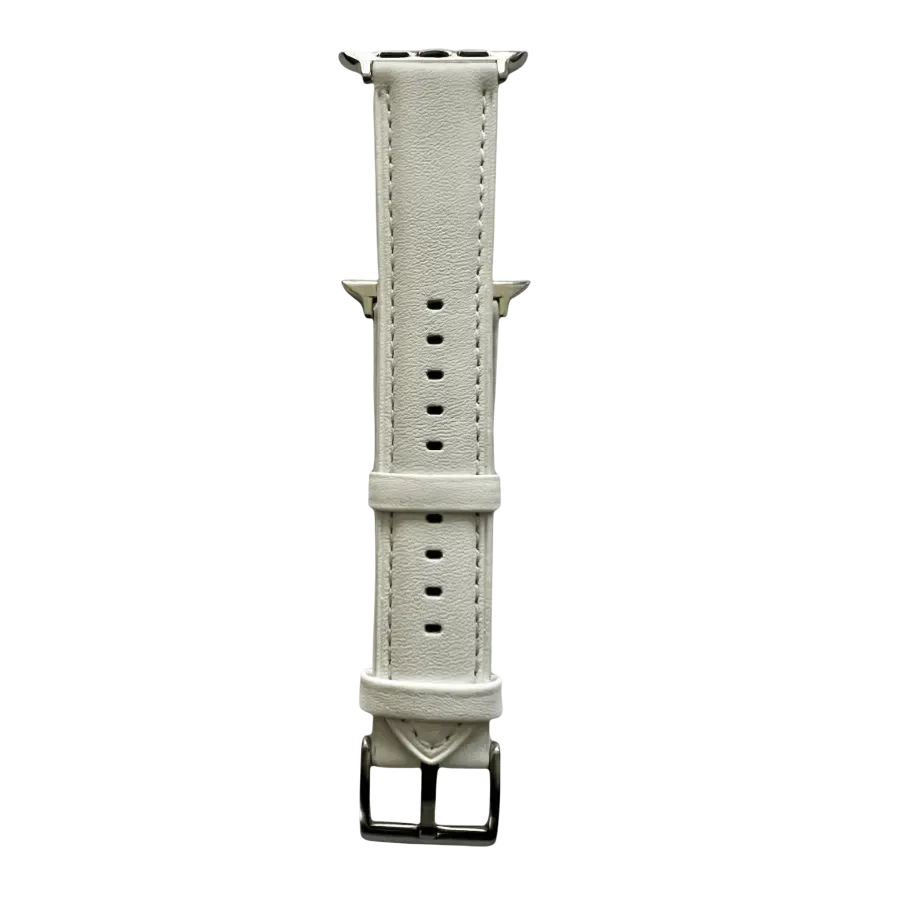 White padded leather Apple Watch band, connector and stitching detail