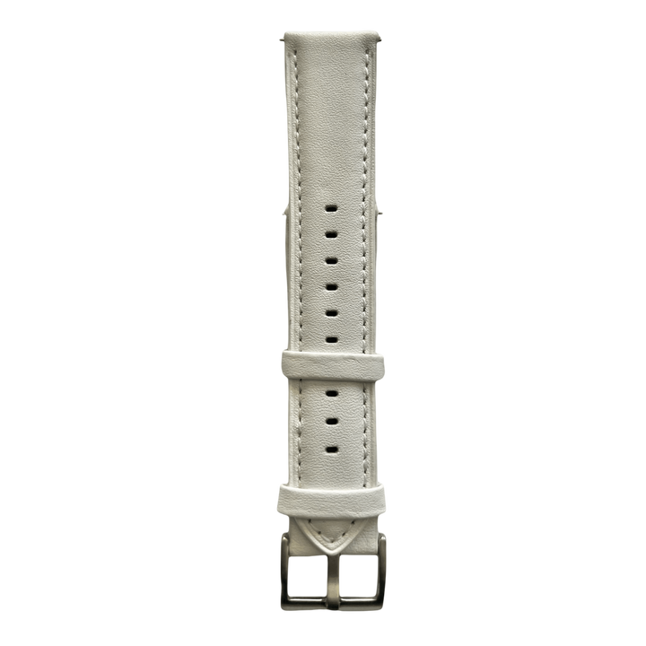 White leather watch band with quick release bars, buckle detail