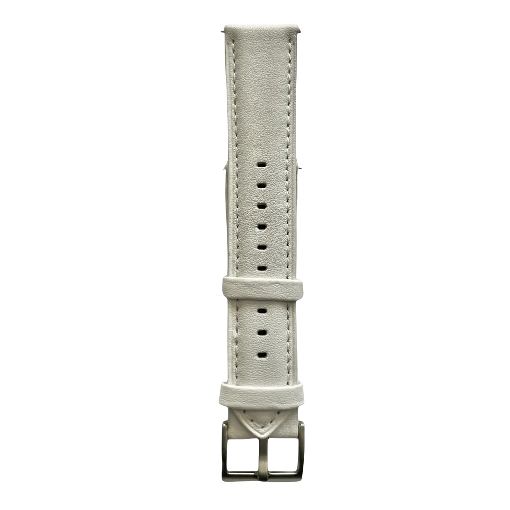 White leather watch band with quick release bars, buckle detail