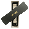 White leather watch band, close-up of logo on box